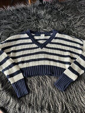 Offline by Aerie Cropped Striped V-Neck Knit Sweater in Navy & White